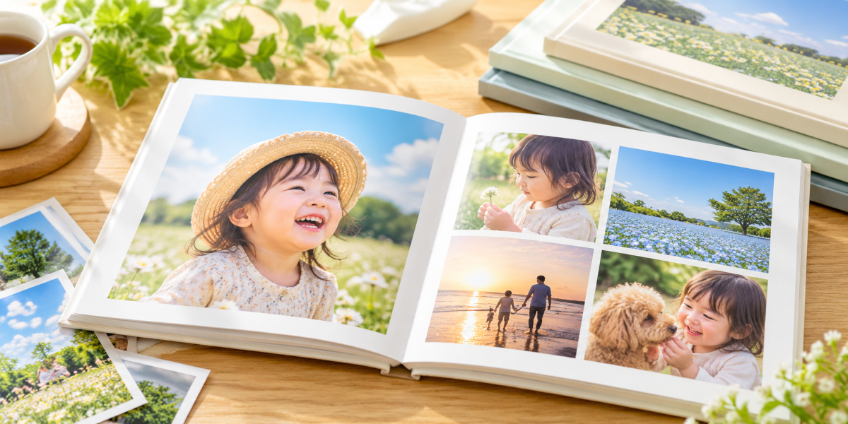開いたフォトブックに、1枚配置と4枚配置の写真が並んでいるイメージ